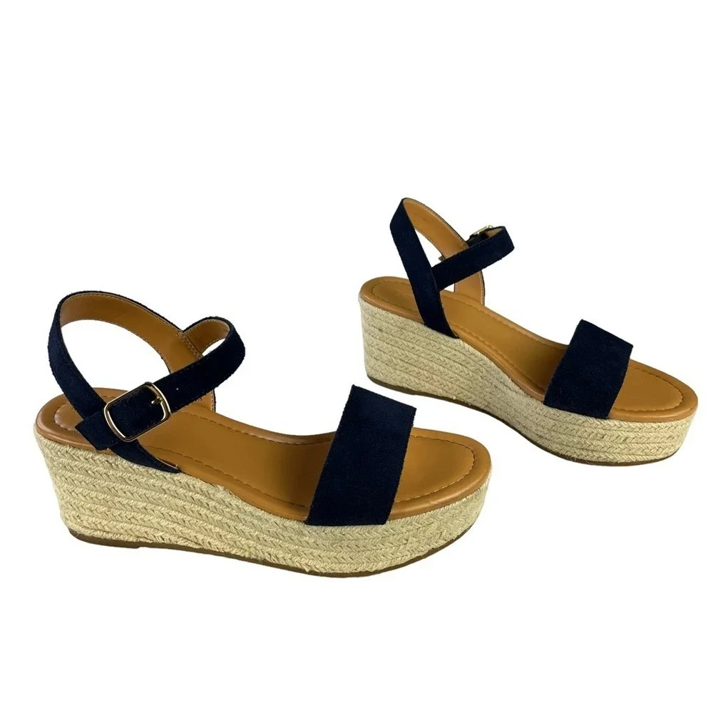 J. Crew Sandals‎ Womens Size 9.5 Blue Suede Leather Platform Espadrille Heels